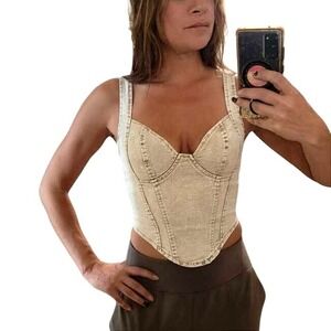 NWT XS‎ Beige Denim Corset Top Sleeveless Bustier Tank Fitted Stretch Jeans Tan